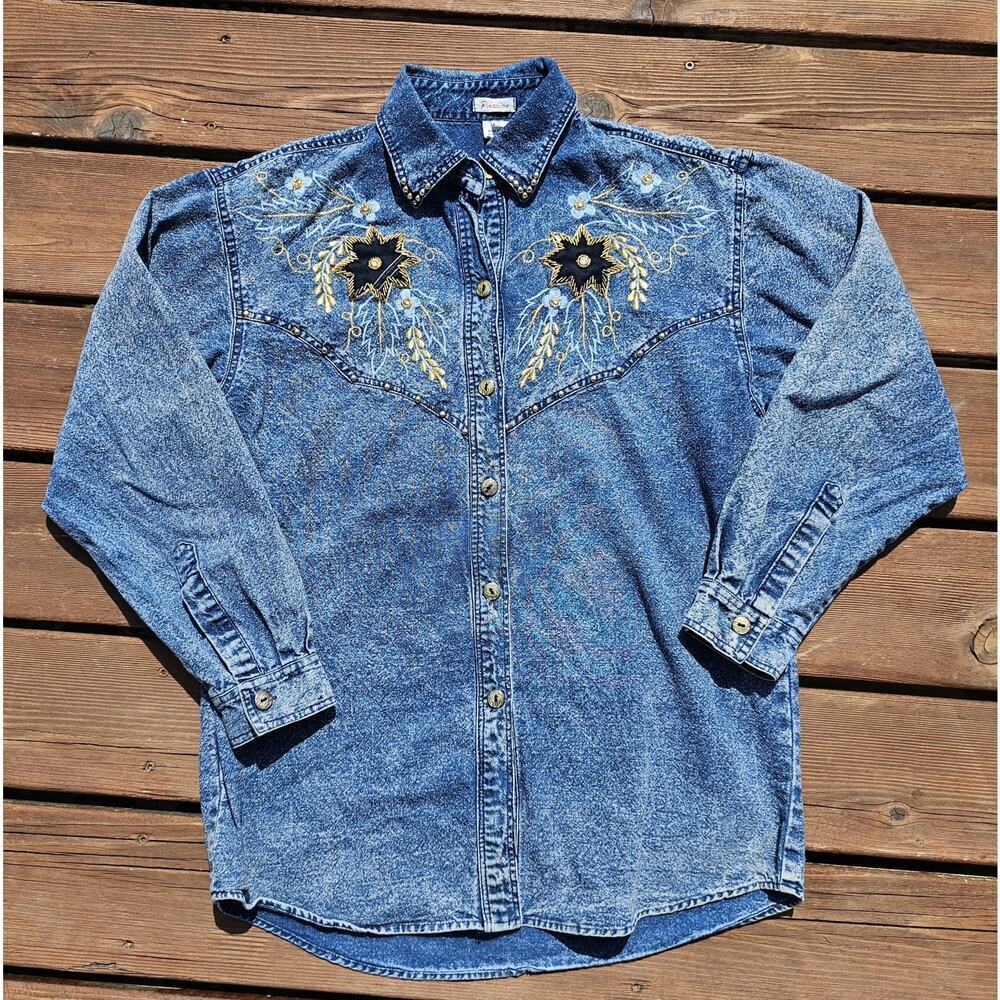 Passion Vintage Denim Shirt Women Small Beaded Embroidered Western Cowgirl Rodeo